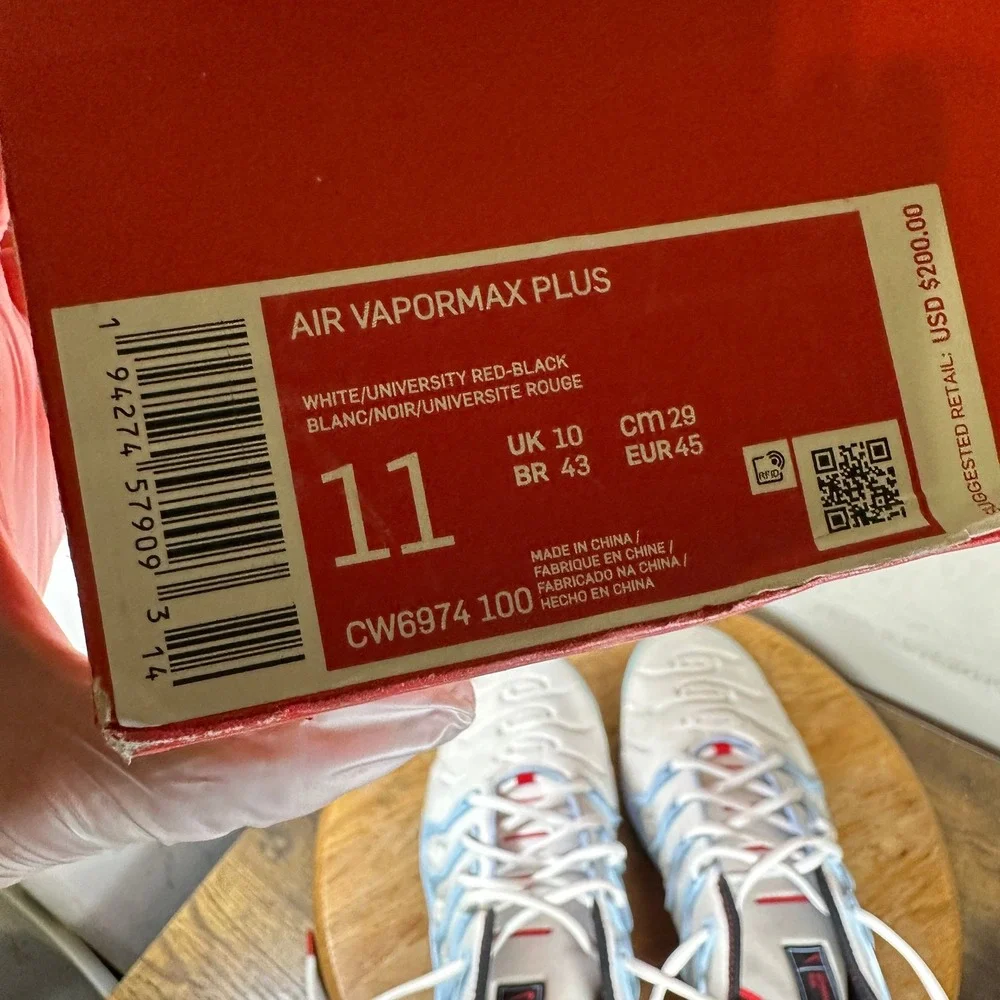 Nike Air VaporMax Plus Mens Size 11 White University Red CW6974-100 Sneakers